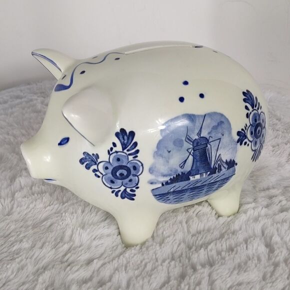 Vtg. Delft Blue Windmill Floral Piggy Bank - Picture 8 of 8